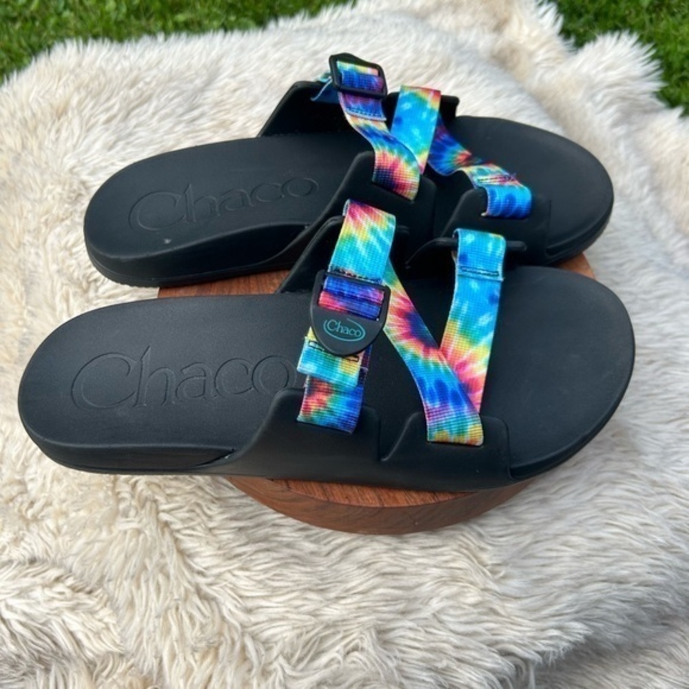 Chaco Men's Chillos Slide Sandals in Dark Tie Dye Rainbow Size 13 🏳️‍🌈 Pride